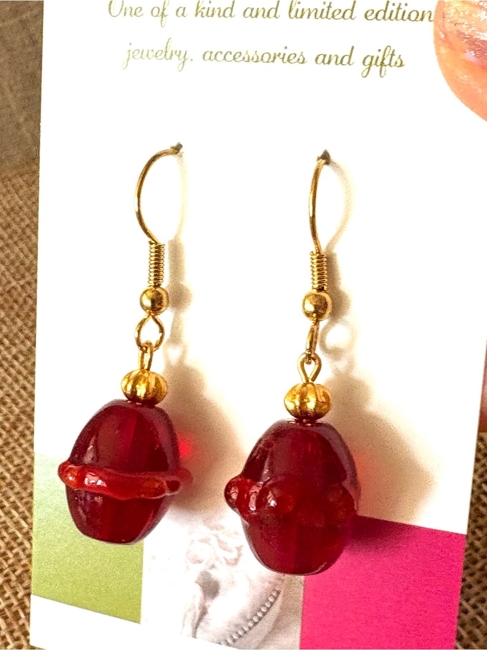 Gold-Tone Red Glass Drop Earrings, boutique jewelry